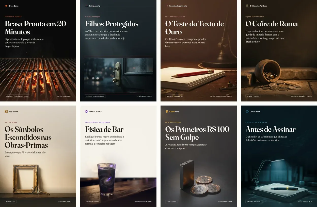Oito das 30 capas, cada uma de uma newsletter diferente.