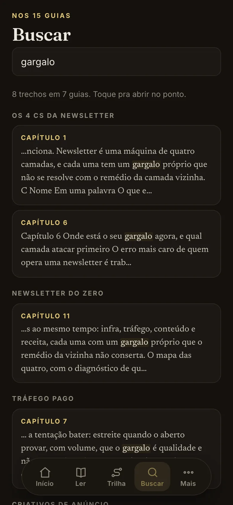 Tela do app: busca por taxa de clique com quatro trechos achados em quatro guias