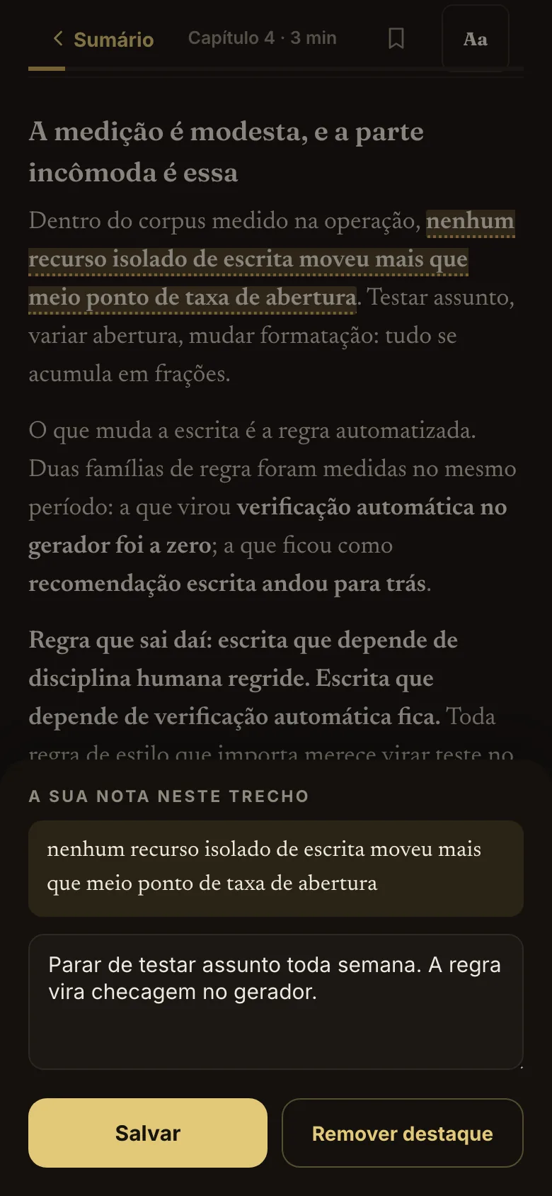 Tela do app: a nota do leitor aberta sobre um trecho marcado, com os botões Salvar e Remover destaque