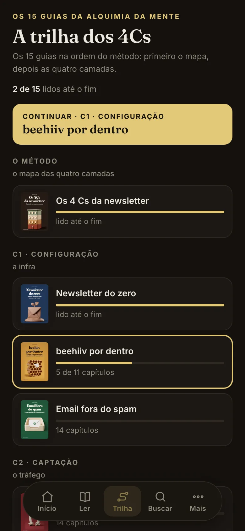 Tela do app: a trilha dos 4 Cs com dois guias lidos até o fim e o próximo em andamento