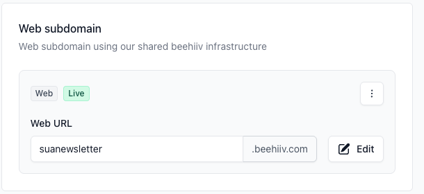 Cartão do subdomínio de site, com o endereço suanewsletter.beehiiv.com