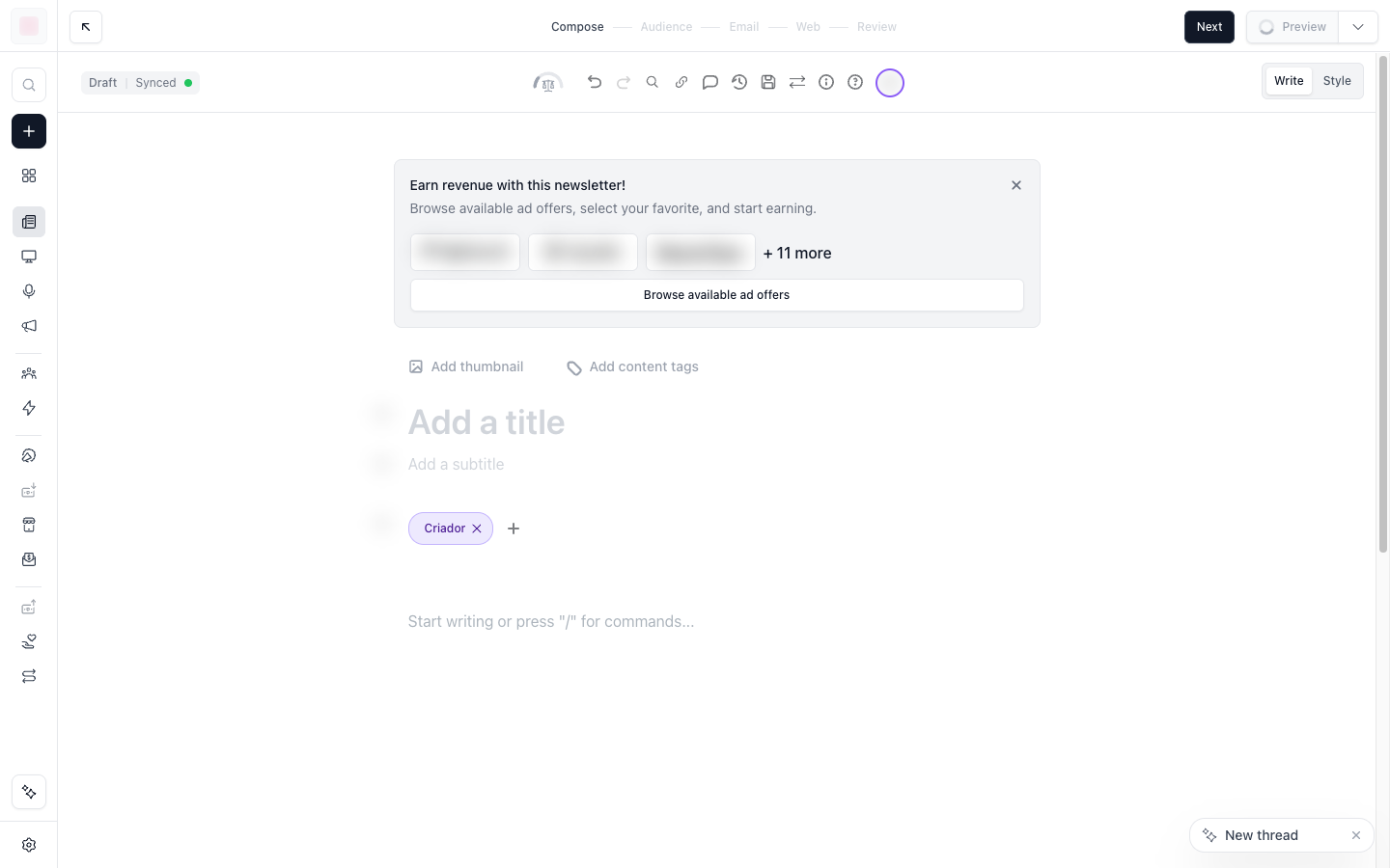 Editor de post da beehiiv em branco