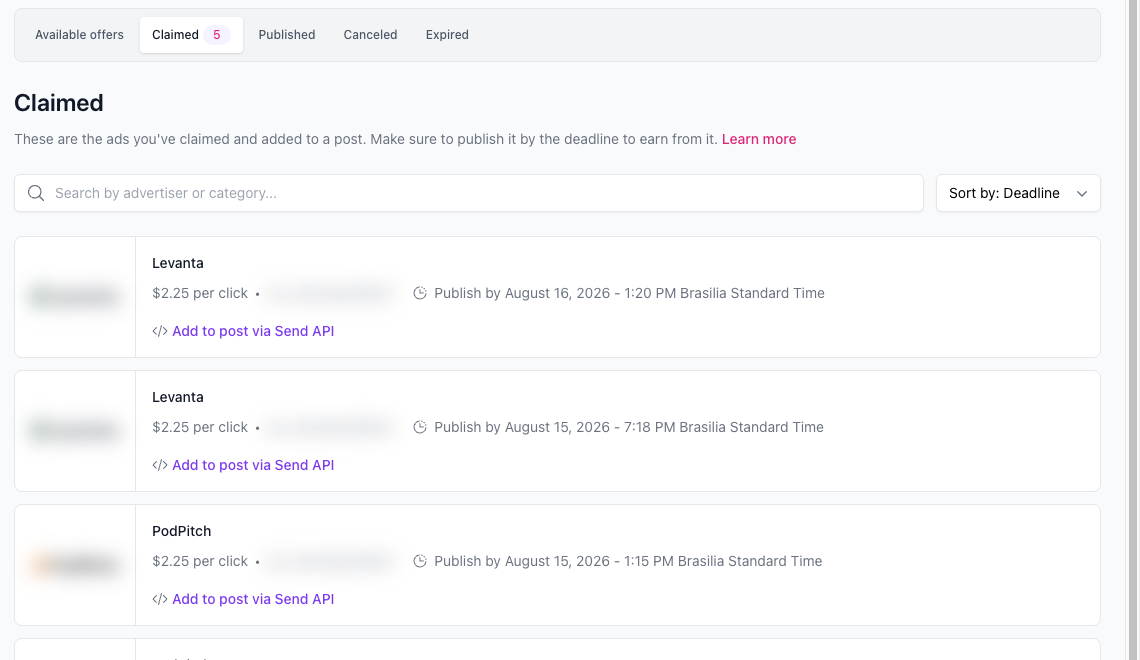Lista de ofertas do Ad Network com o valor por clique e o prazo de publicação de cada uma