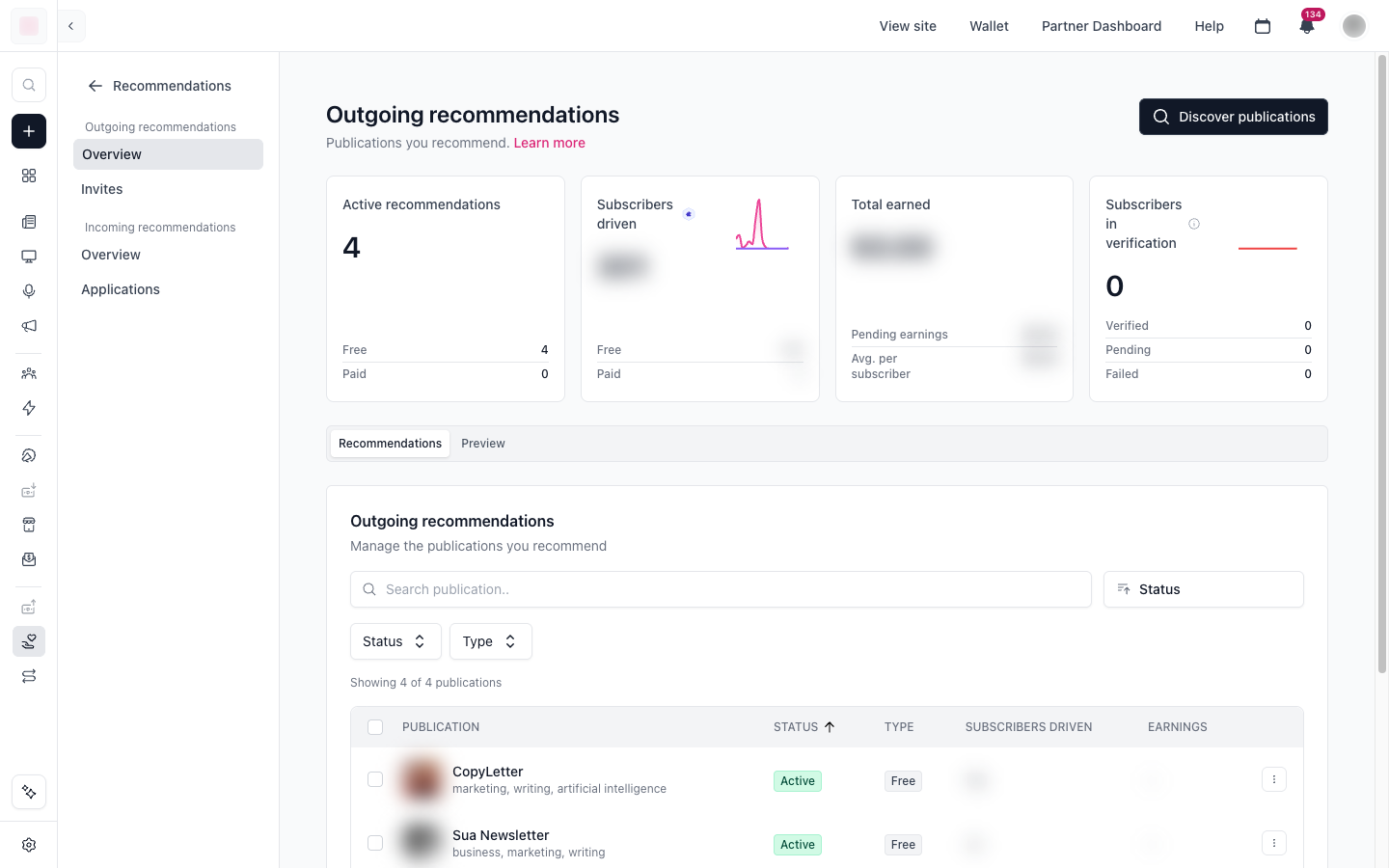 Painel de Recommendations com a rede ligada: publicações recomendadas ativas e assinantes trazidos pela troca